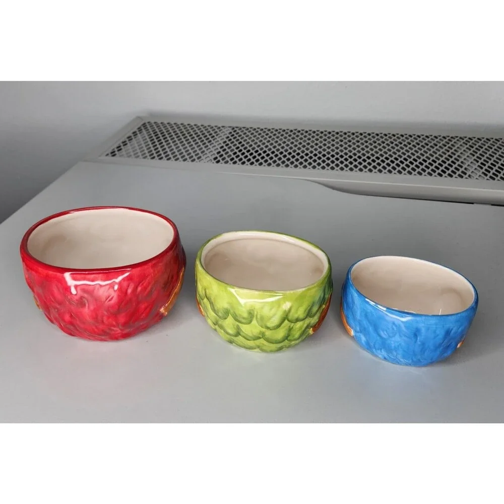 Set Of 3 Laurie Furnell Painted Ceramic Owl Bird Measuring Cups Nesting Colorful